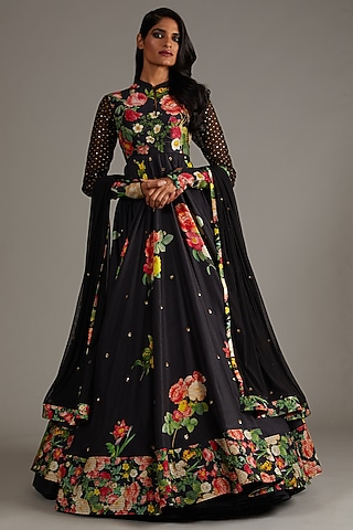 Black Silk Chanderi Printed & Embroidered Anarkali Set by Rohit Bal