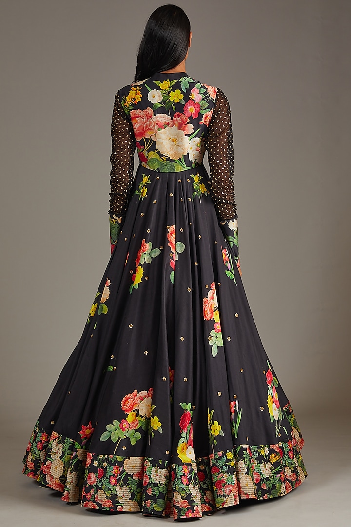 Black Silk Chanderi Printed & Embroidered Bridal Anarkali Set by Rohit Bal at Pernia's Pop Up Shop