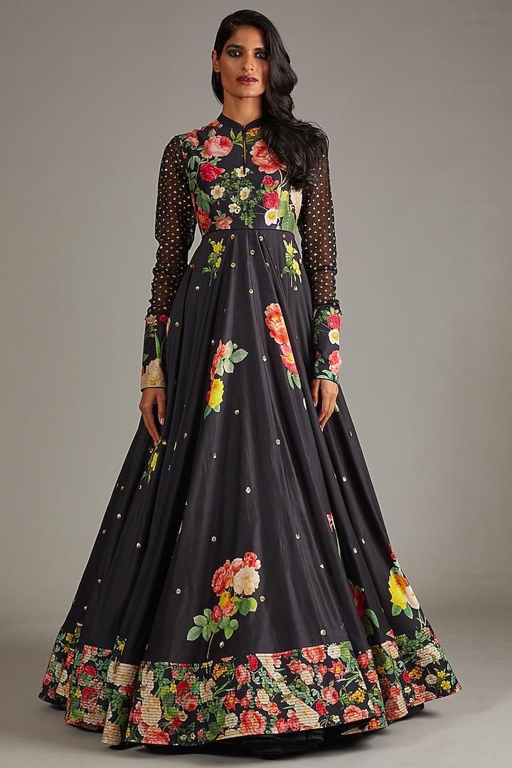 Black Silk Chanderi Printed & Embroidered Bridal Anarkali Set by Rohit Bal at Pernia's Pop Up Shop