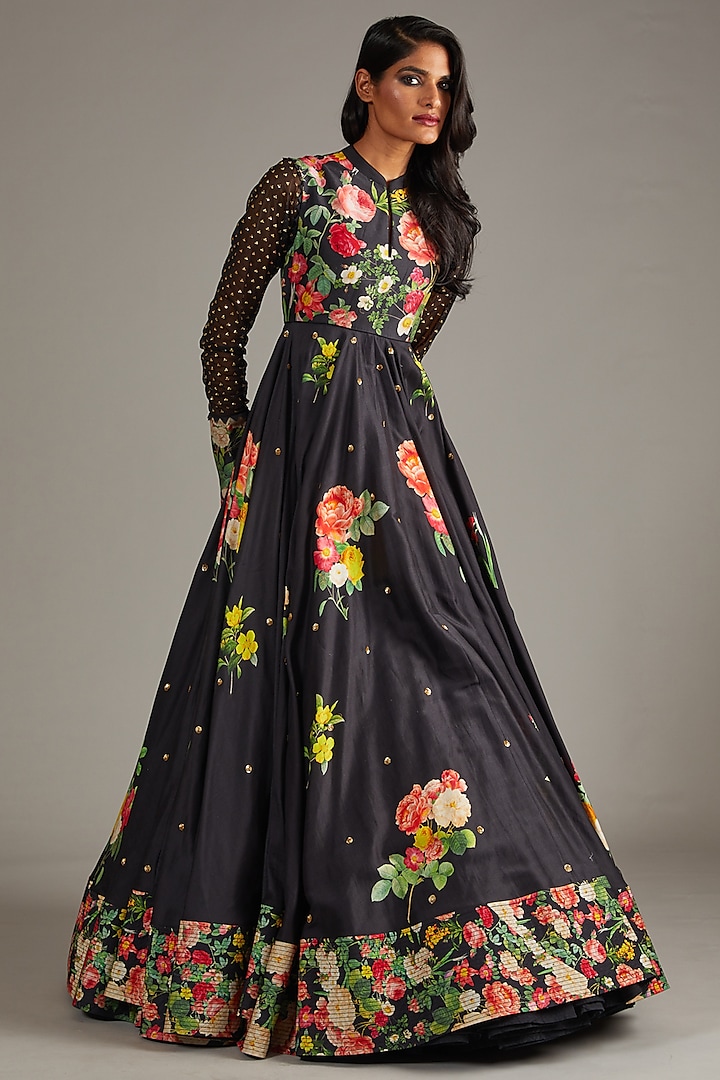 Black Silk Chanderi Printed & Embroidered Bridal Anarkali Set by Rohit Bal at Pernia's Pop Up Shop