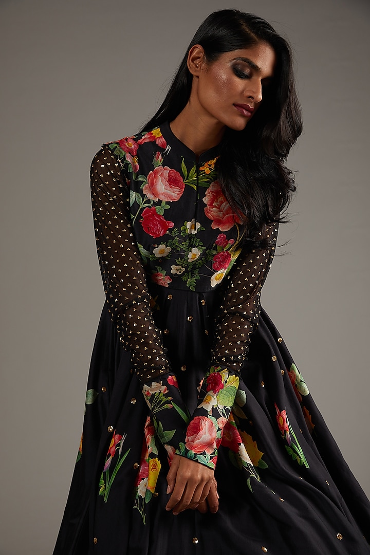 Black Silk Chanderi Printed & Embroidered Bridal Anarkali Set by Rohit Bal at Pernia's Pop Up Shop