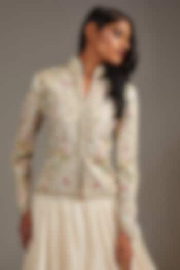 Ivory Matka Silk Embroidered Jacket by Rohit Bal