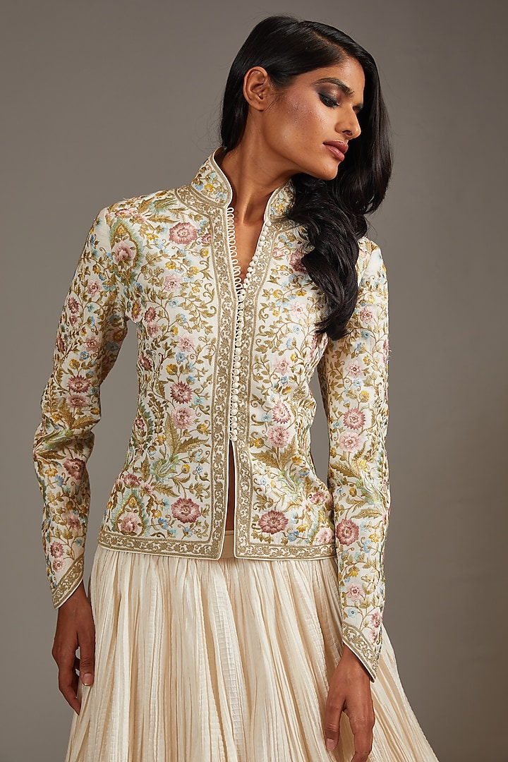 Ivory Matka Silk Embroidered Jacket by Rohit Bal