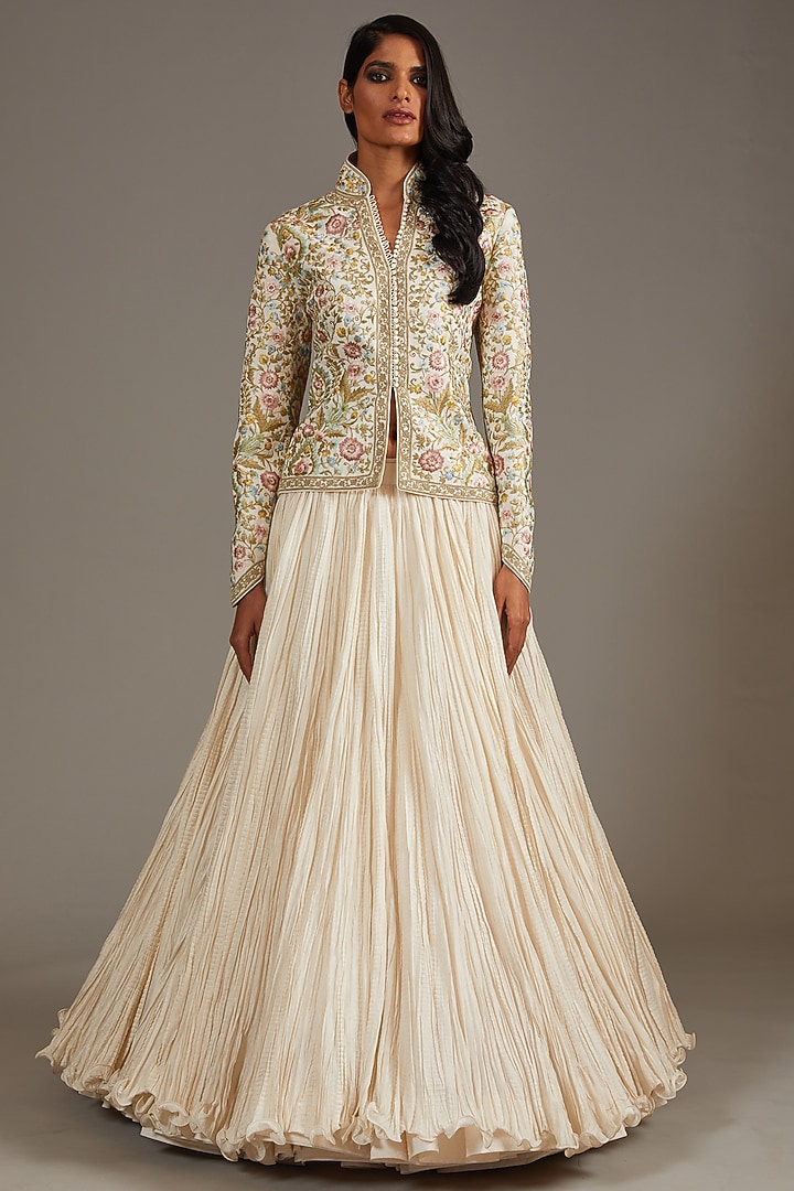 Ivory Matka Silk Embroidered Jacket by Rohit Bal at Pernia's Pop Up Shop