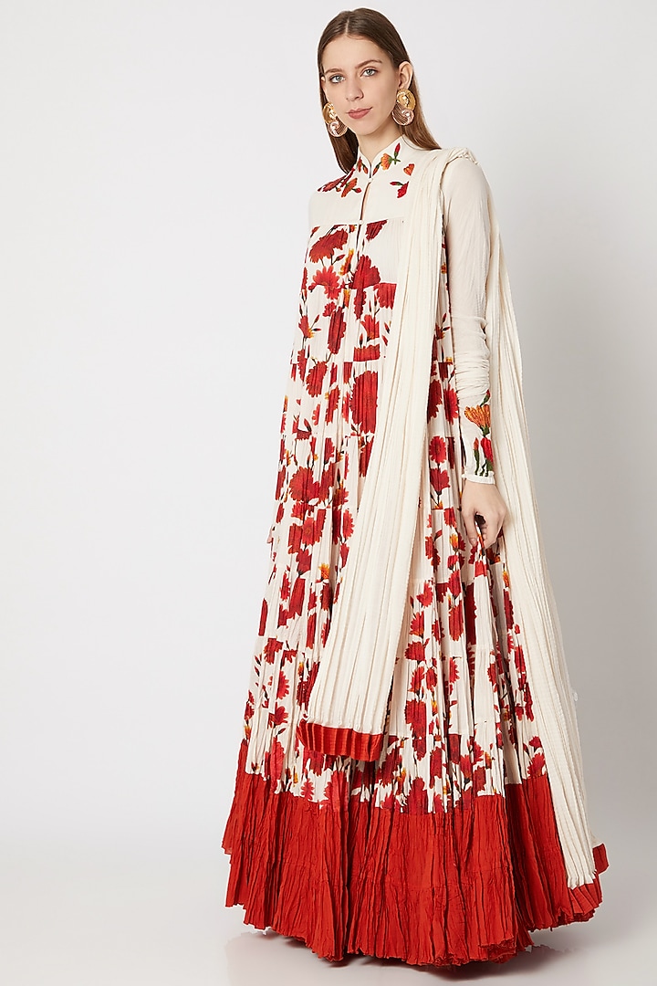 Ivory Printed Embroidered Anarkali With Dupatta by Rohit Bal