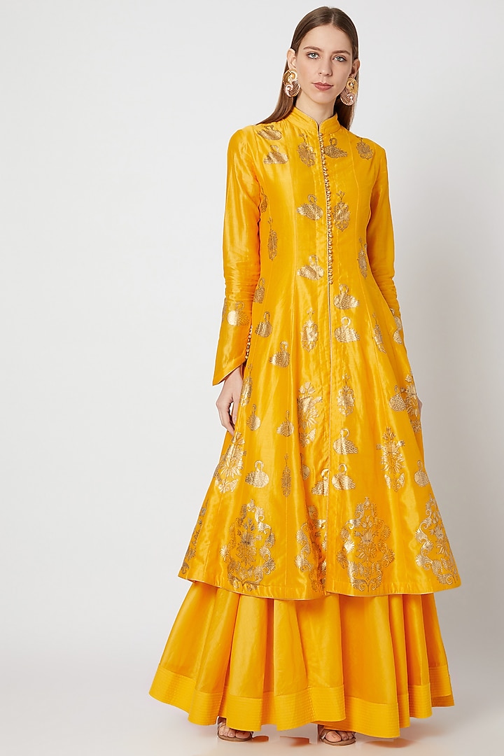 Yellow Foil Printed Kurta With Skirt by Rohit Bal