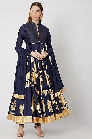 Indigo Blue Foil Printed Anarkali Set by Rohit Bal