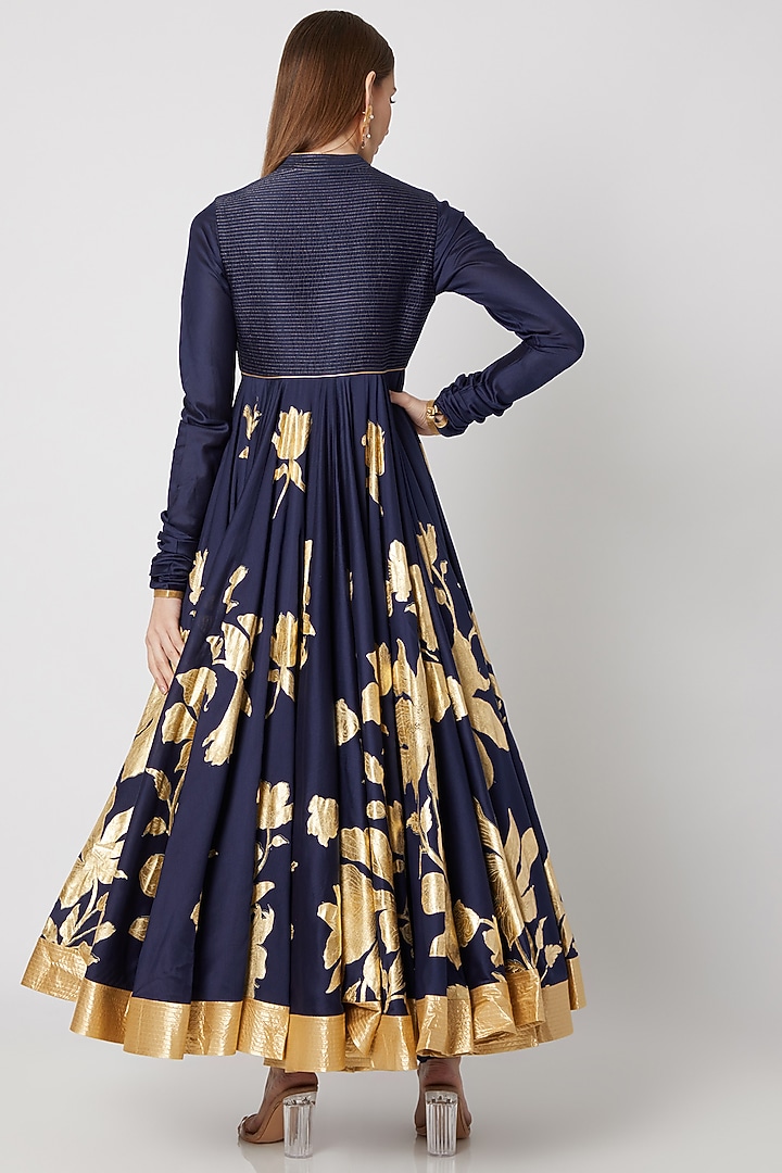 Indigo Blue Foil Printed Wedding Anarkali Set by Rohit Bal at Pernia's Pop Up Shop