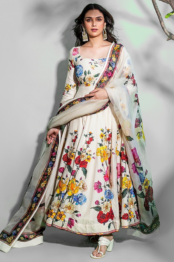 Ivory Chanderi Floral Printed Anarkali Set by Rohit Bal