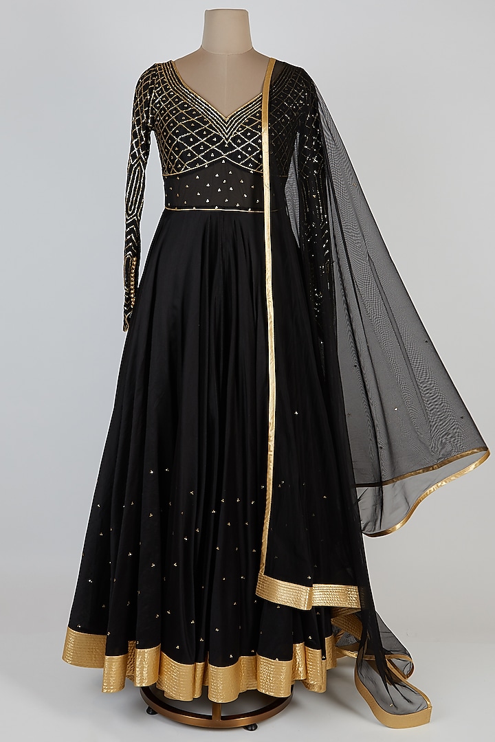 Black Cotton Silk Anarkali Set by Rohit Bal