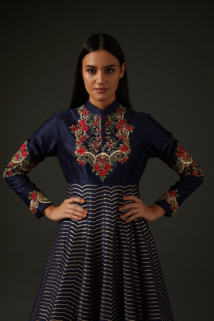 Indigo Embroidered Wedding Anarkali Set by Rohit Bal at Pernia's Pop Up Shop
