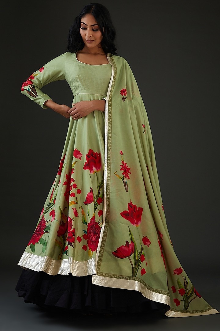 Sage Green Chanderi Silk Printed Anarkali Set by Rohit Bal