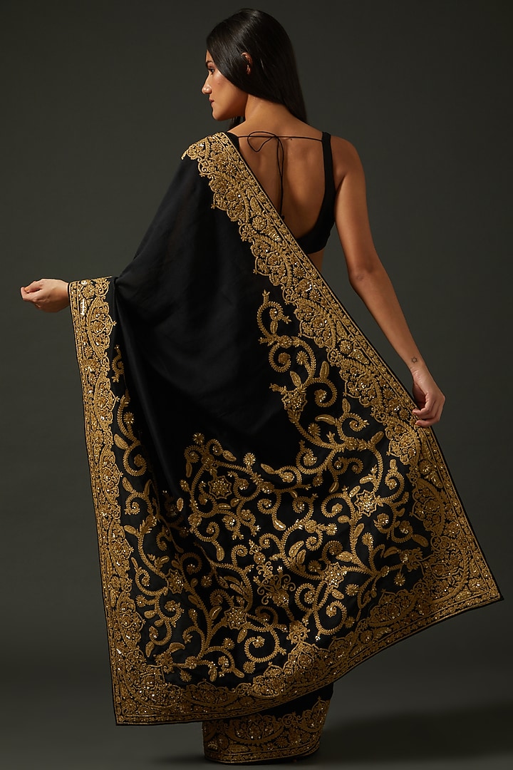 Black Chanderi Silk Embroidered Bridal Saree Set by Rohit Bal at Pernia's Pop Up Shop