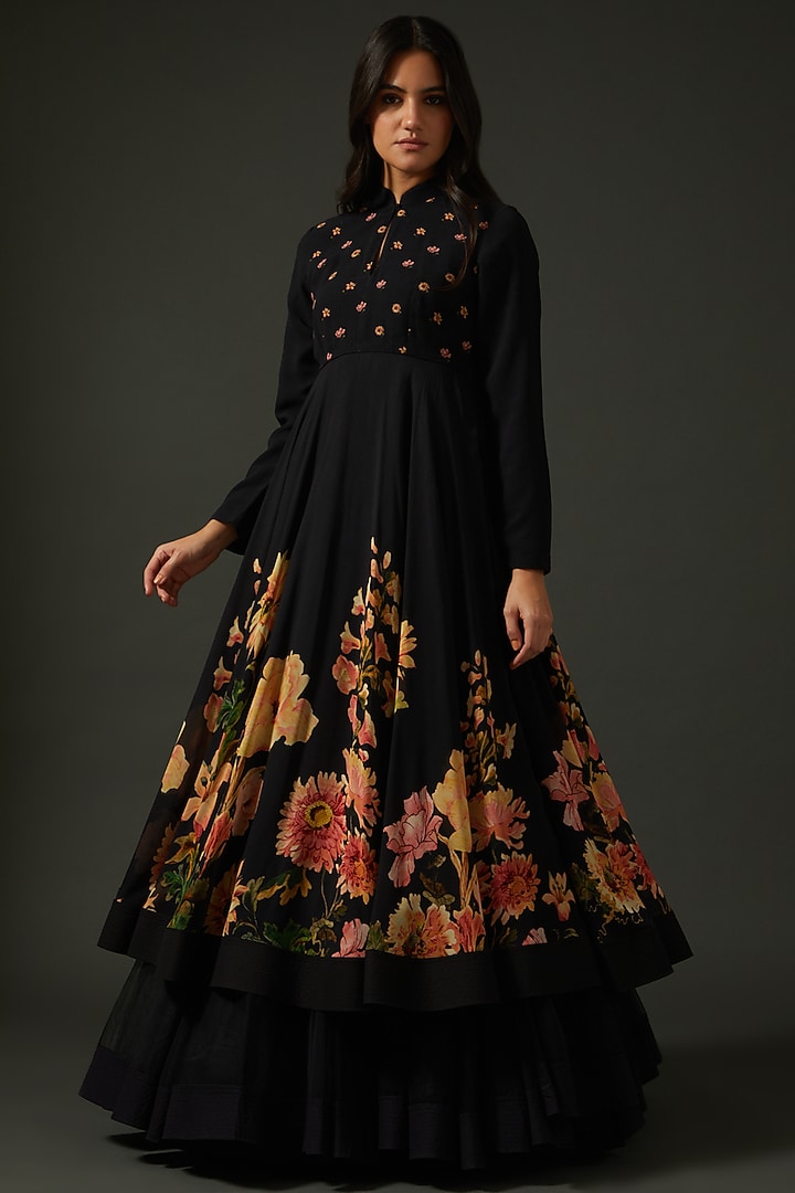 Black Digital Printed Wedding Anarkali Set by Rohit Bal at Pernia's Pop Up Shop