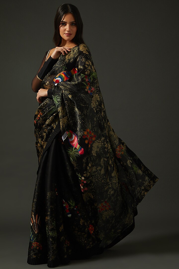 Black Chanderi Digital Printed Saree Set by Rohit Bal