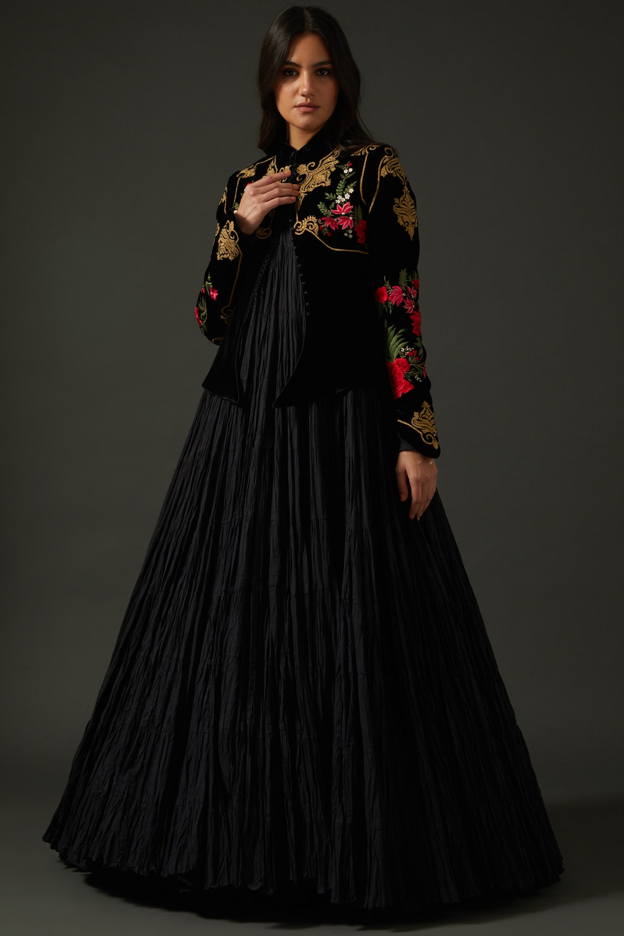 Black Embroidered Short Jacket by Rohit Bal at Pernia