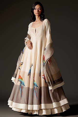 Ivory Chanderi Silk Digital Printed & Dori Embroidered Anarkali Set by Rohit Bal