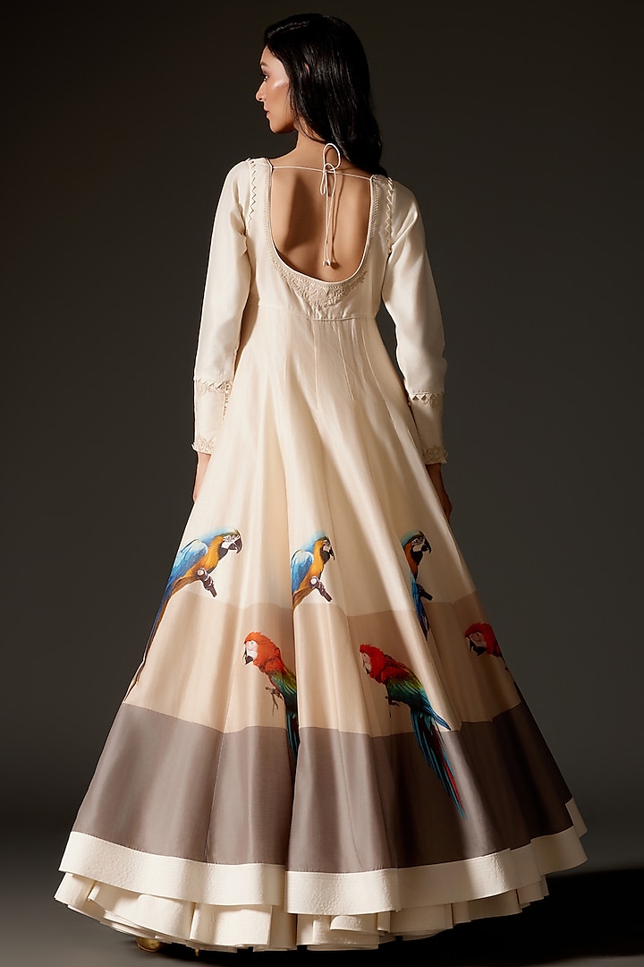Ivory Chanderi Silk Digital Printed & Dori Embroidered Bridal Anarkali Set by Rohit Bal at Pernia's Pop Up Shop