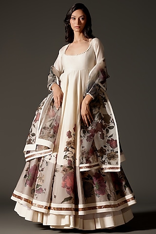 Ivory Chanderi Silk Digital Printed & Dori Embroidered Anarkali Set by Rohit Bal
