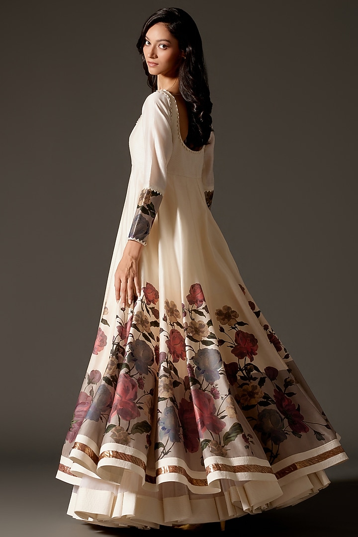 Ivory Chanderi Silk Digital Printed & Dori Embroidered Bridal Anarkali Set by Rohit Bal at Pernia's Pop Up Shop
