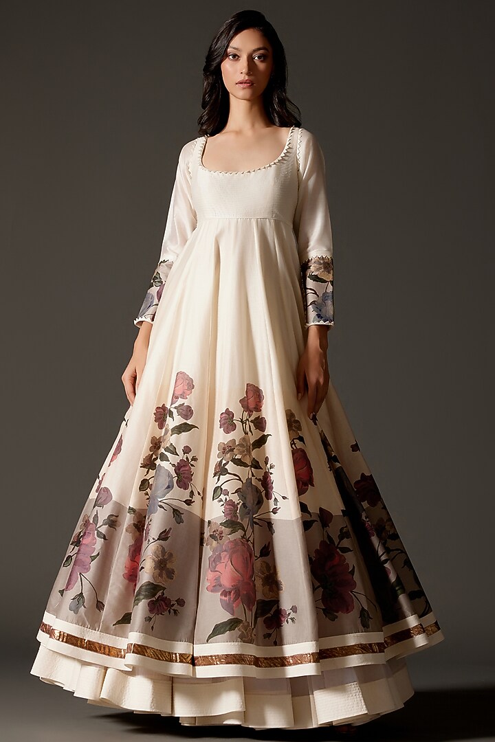 Ivory Chanderi Silk Digital Printed & Dori Embroidered Bridal Anarkali Set by Rohit Bal at Pernia's Pop Up Shop