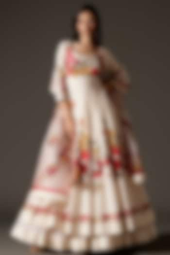 Ivory Chanderi Silk Digital Printed & Dori Embroidered Anarkali Set by Rohit Bal at Pernia's Pop Up Shop