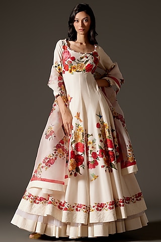 Ivory Chanderi Silk Digital Printed & Dori Embroidered Anarkali Set by Rohit Bal