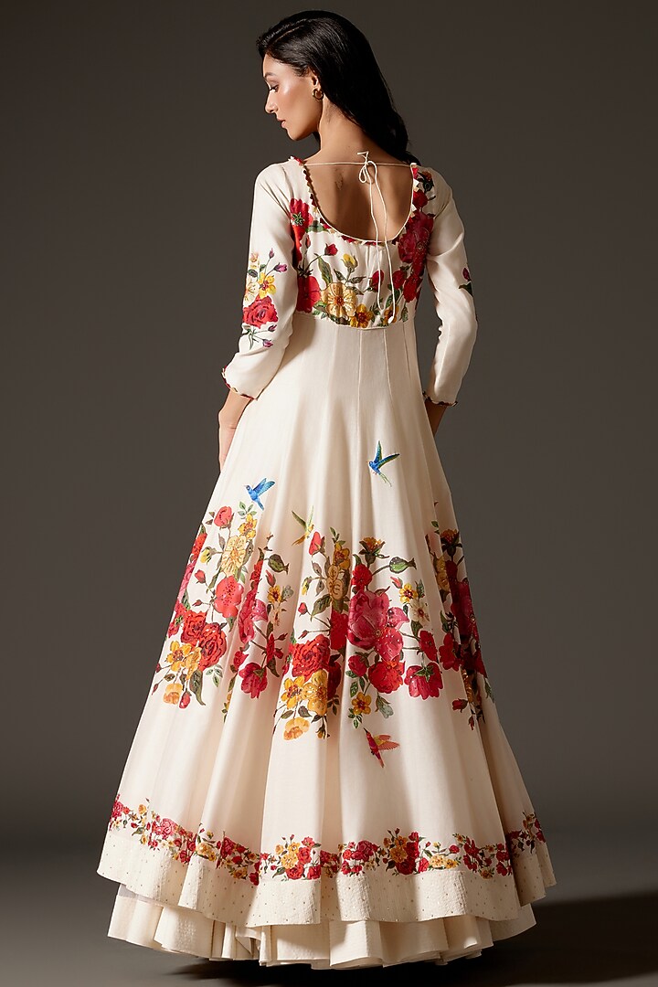 Ivory Chanderi Silk Digital Printed & Dori Embroidered Bridal Anarkali Set by Rohit Bal at Pernia's Pop Up Shop