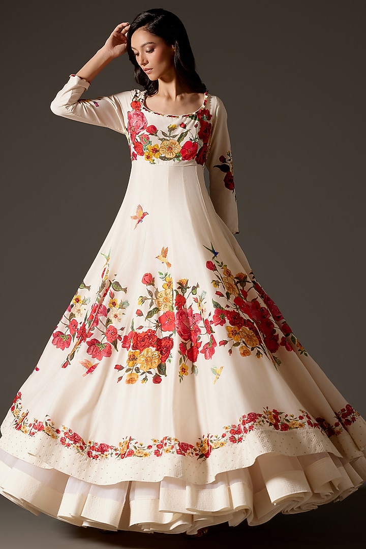 Ivory Chanderi Silk Digital Printed & Dori Embroidered Bridal Anarkali Set by Rohit Bal at Pernia's Pop Up Shop