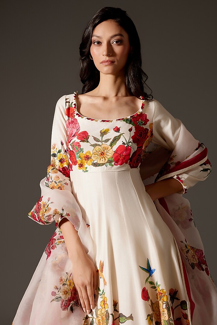 Ivory Chanderi Silk Digital Printed & Dori Embroidered Bridal Anarkali Set by Rohit Bal at Pernia's Pop Up Shop