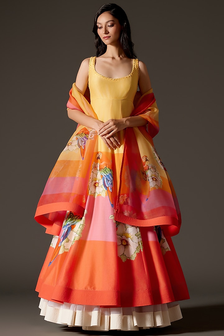 Multi-Colored Chanderi Printed Kalidar Paneled Anarkali Set by Rohit Bal at Pernia's Pop Up Shop