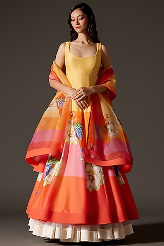 Multi-Colored Chanderi Printed Kalidar Paneled Anarkali Set by Rohit Bal