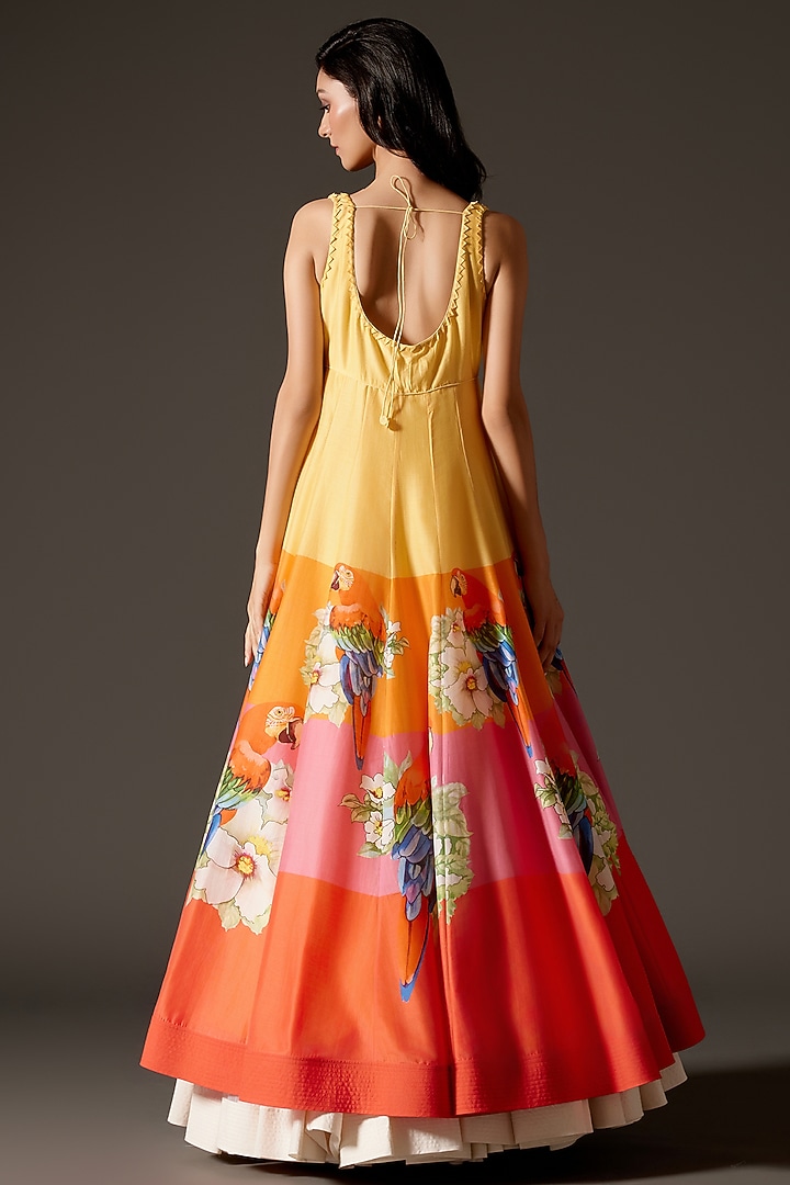 Multi-Colored Chanderi Printed Kalidar Paneled Bridal Anarkali Set by Rohit Bal at Pernia's Pop Up Shop
