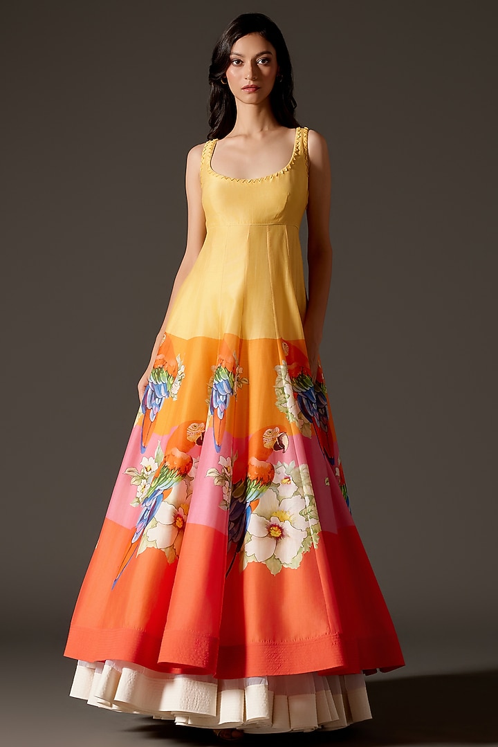 Multi-Colored Chanderi Printed Kalidar Paneled Bridal Anarkali Set by Rohit Bal at Pernia's Pop Up Shop