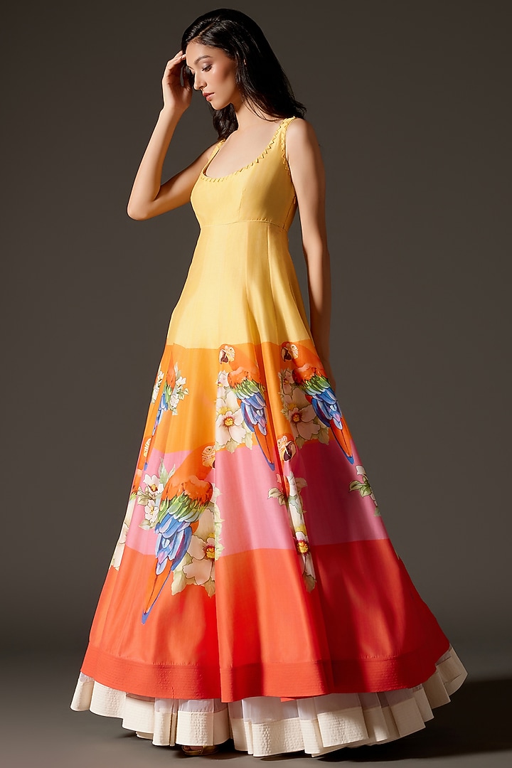 Multi-Colored Chanderi Printed Kalidar Paneled Bridal Anarkali Set by Rohit Bal at Pernia's Pop Up Shop