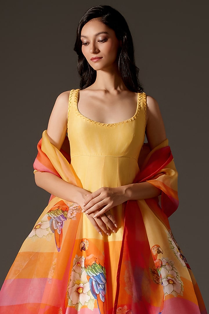 Multi-Colored Chanderi Printed Kalidar Paneled Bridal Anarkali Set by Rohit Bal at Pernia's Pop Up Shop