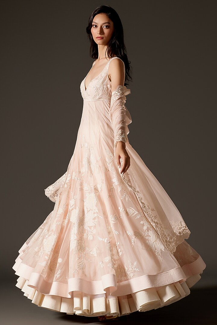 Soft Pink Net Aari Hand Embroidered Bridal Anarkali Set by Rohit Bal at Pernia's Pop Up Shop