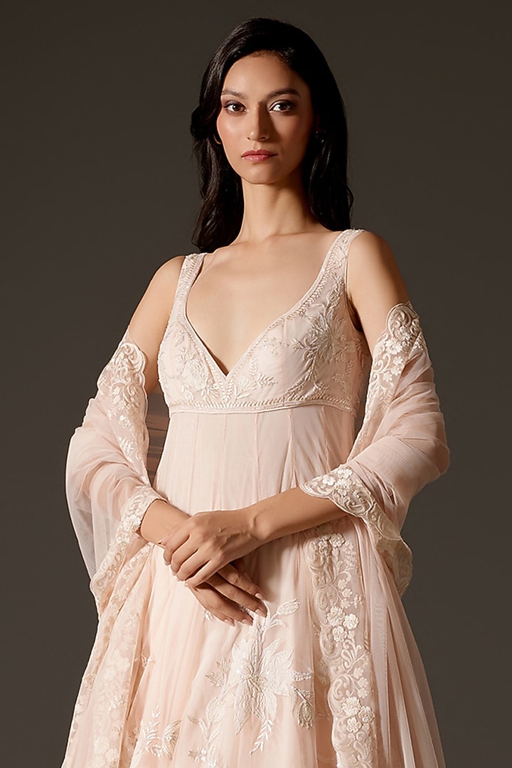 Soft Pink Net Aari Hand Embroidered Bridal Anarkali Set by Rohit Bal at Pernia's Pop Up Shop