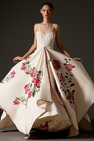 Ivory Chanderi Embroidered Anarkali Set by Rohit Bal