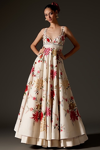 Ivory Chanderi Digital Printed Anarkali Set by Rohit Bal