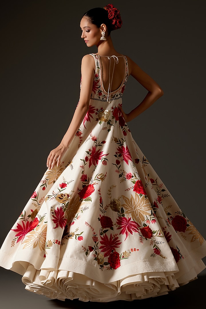 Ivory Chanderi Digital Printed Bridal Anarkali Set by Rohit Bal at Pernia's Pop Up Shop