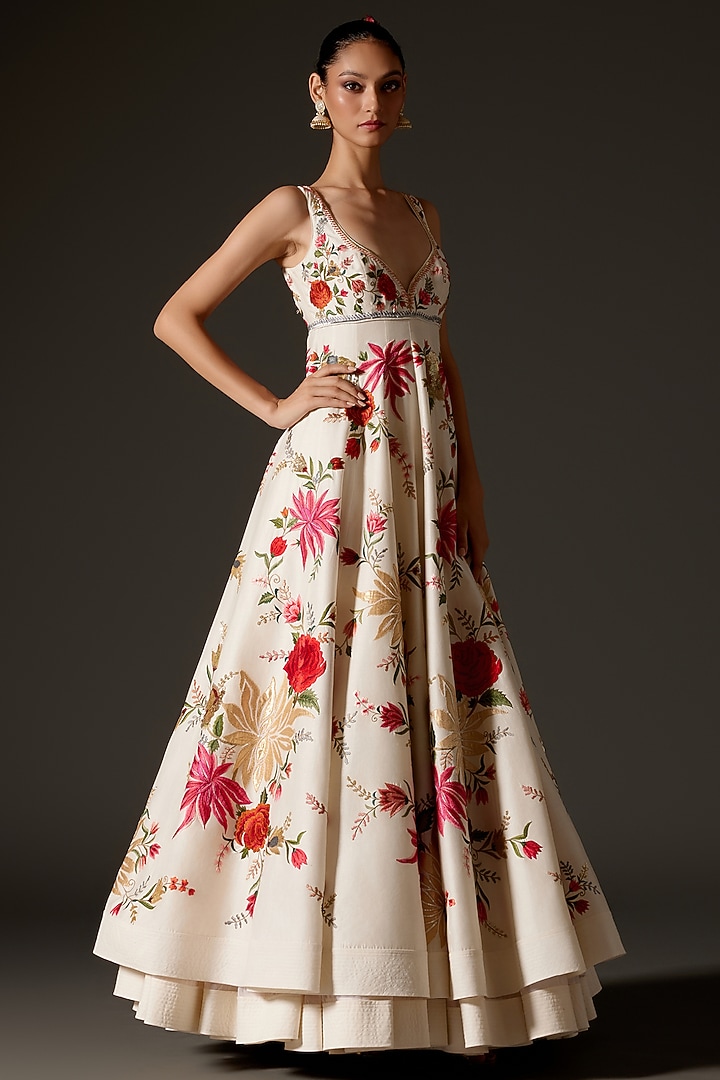 Ivory Chanderi Digital Printed Bridal Anarkali Set by Rohit Bal at Pernia's Pop Up Shop