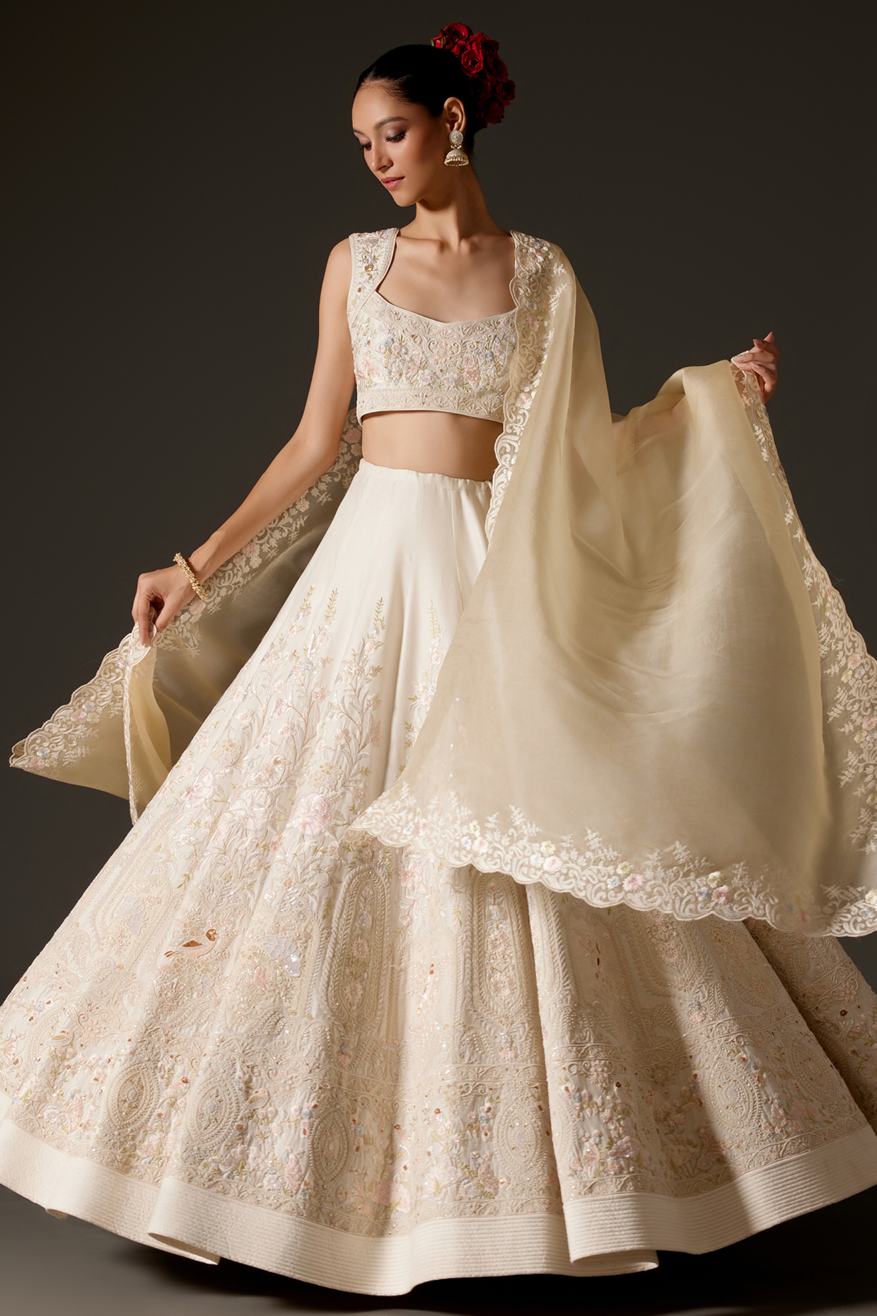 Ivory Chanderi Aari & Dori Embroidered Bridal Lehenga Set by Rohit Bal at Pernia's Pop Up Shop