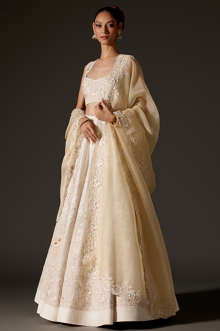 Ivory Chanderi Aari & Dori Embroidered Bridal Lehenga Set by Rohit Bal at Pernia's Pop Up Shop