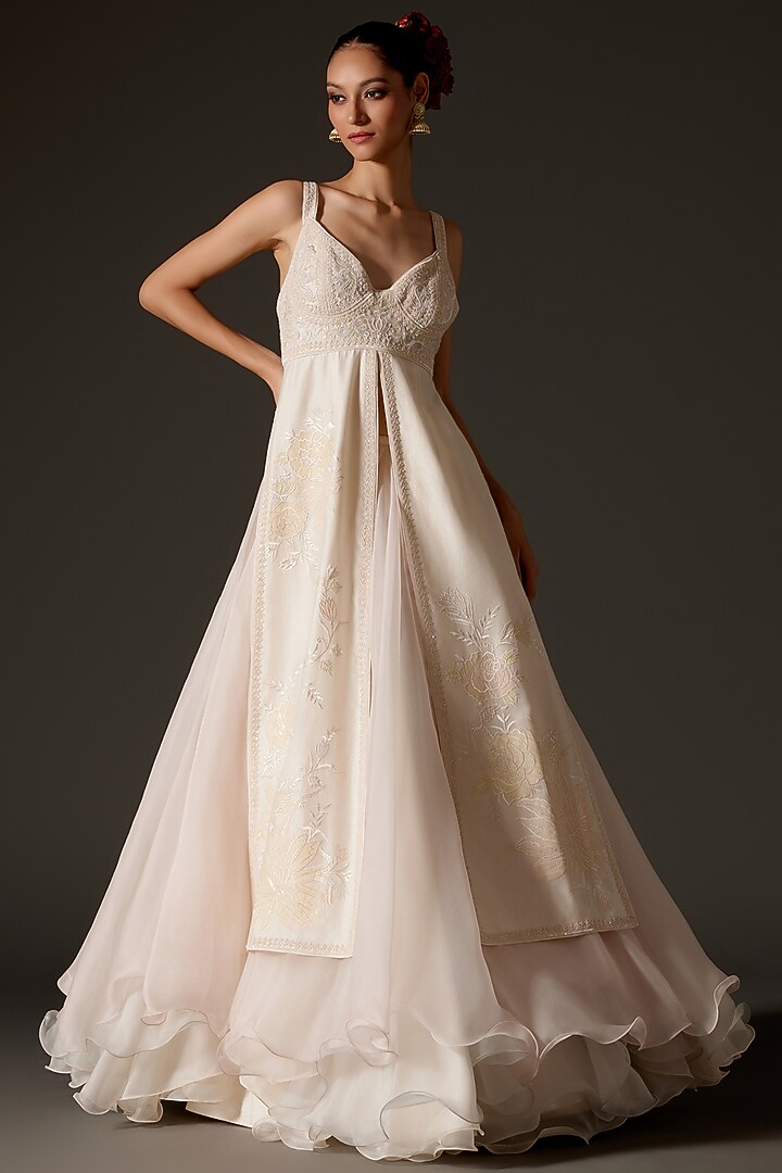 Ivory Chanderi Slit Bridal Anarkali Set by Rohit Bal at Pernia's Pop Up Shop