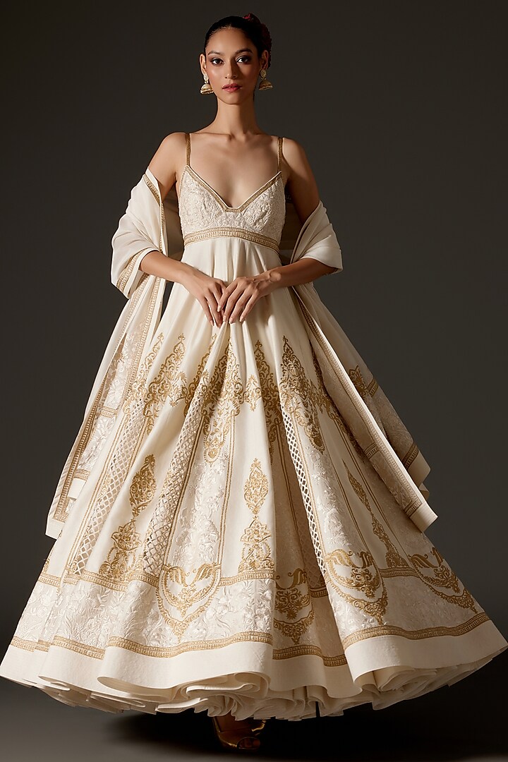 Ivory Chanderi Foil Printed Kalidar Anarkali Set by Rohit Bal at Pernia's Pop Up Shop