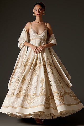 Ivory Chanderi Foil Printed Kalidar Anarkali Set by Rohit Bal