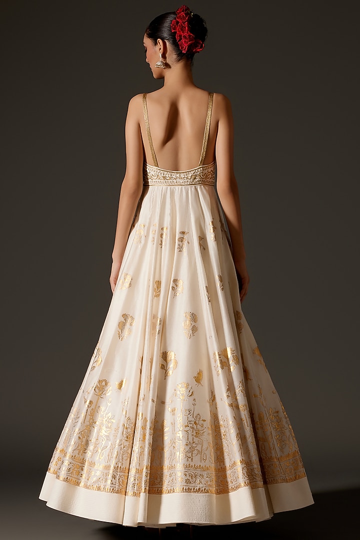 Ivory Chanderi Foil Printed & Aari Embroidered Kalidar Bridal Anarkali Set by Rohit Bal at Pernia's Pop Up Shop