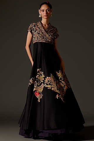 Black Chanderi Aari Hand Embroidered Anarkali Set by Rohit Bal
