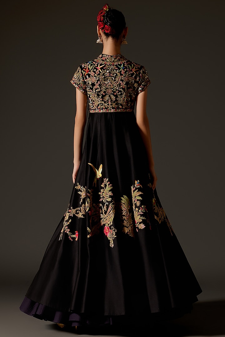 Black Chanderi Aari Hand Embroidered Bridal Anarkali Set by Rohit Bal at Pernia's Pop Up Shop